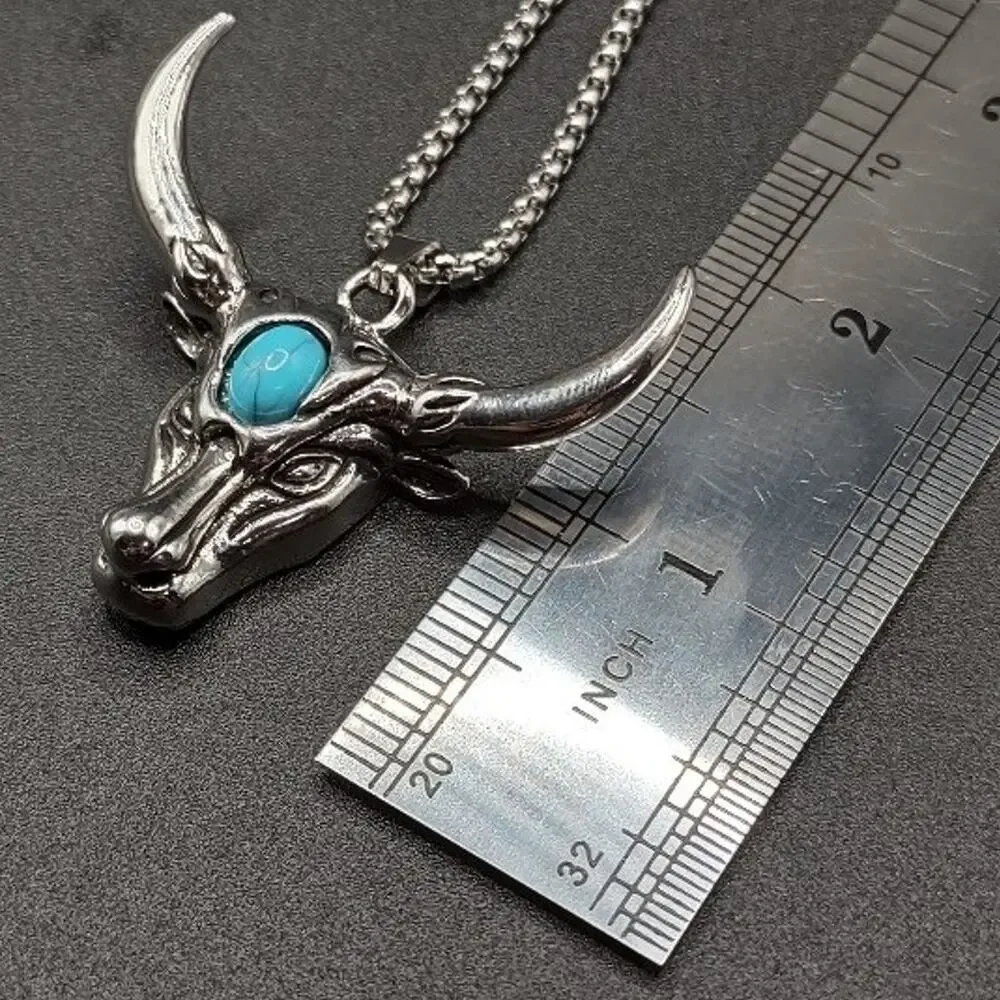 Longhorn Turquois Cattle Bull Necklace Stainless Western Fashion Birthday Gift